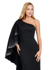 Black ASHLEYlauren 11421 Classic One Shoulder Fitted Scuba Gown with Dramatic Ruffle Capelet Adorned in Press On Stones