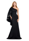 Black ASHLEYlauren 11421 Classic One Shoulder Fitted Scuba Gown with Dramatic Ruffle Capelet Adorned in Press On Stones