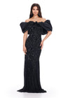 Black ASHLEYlauren 11433 Show-Stopping Fully Beaded Gown with Dramatic Off Shoulder Taffeta Puff Sleeves and Glamorous Silhouette