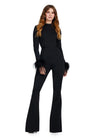 Black ASHLEYlauren 11441 statement scuba jumpsuit featuring a high neckline, dramatic feather cuffs, and an open back for a bold and sophisticated look.
