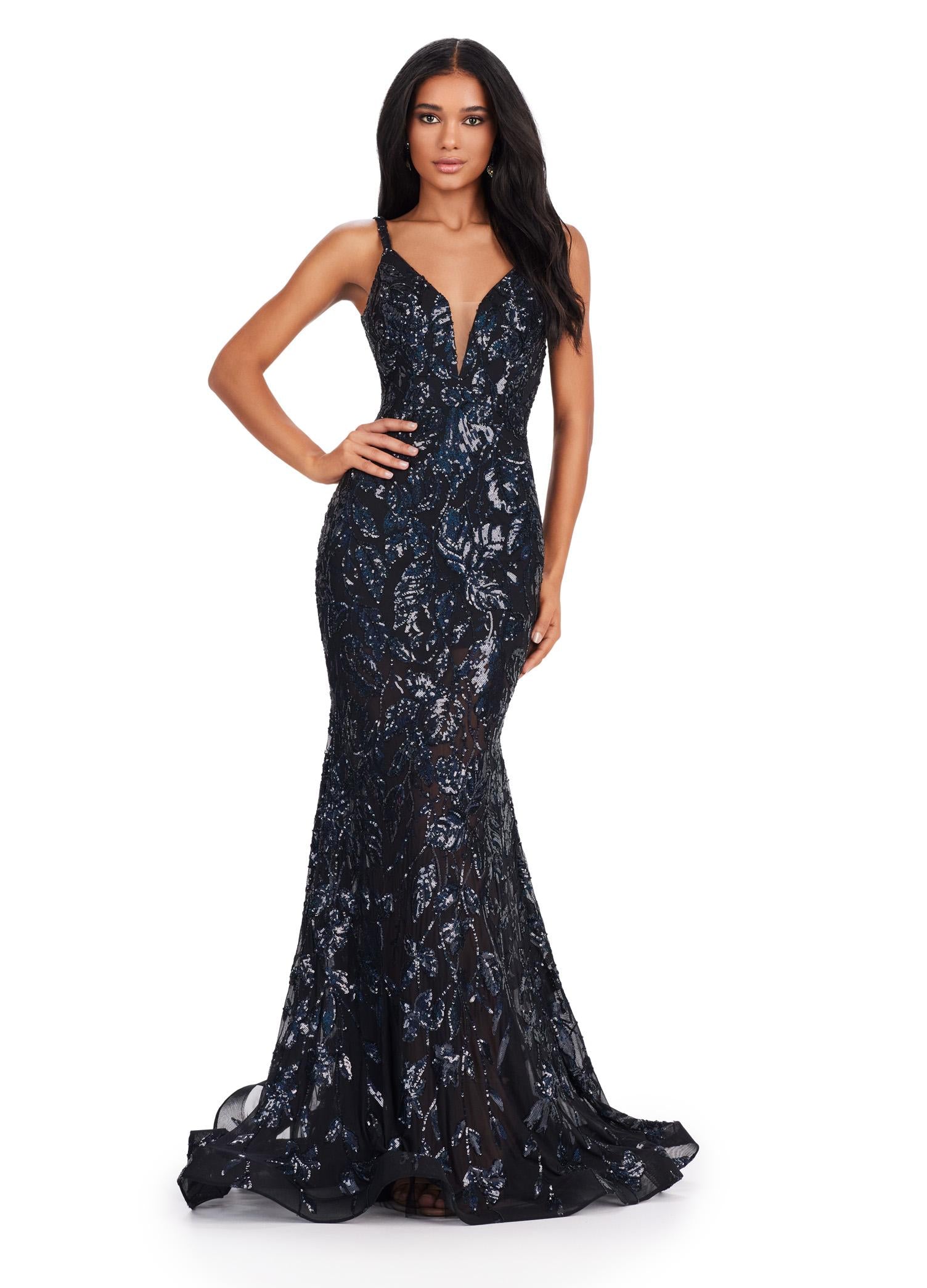 Black ASHLEYlauren 11444 Fully Sequin Gown with V-Neckline, Deep V-Back, Stretch Fabric, and Flared Skirt for a Regal Look