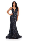 Black ASHLEYlauren 11444 Fully Sequin Gown with V-Neckline, Deep V-Back, Stretch Fabric, and Flared Skirt for a Regal Look
