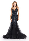 Black ASHLEYlauren 11472 stretch sequin gown with deep V-neckline, V-back, and pleated tulle overlay skirt