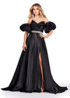 Black ASHLEYlauren 11474 strapless satin ball gown with sweetheart neckline, beaded belt, left leg slit, and detachable puff sleeves