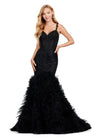 Black ASHLEYlauren 11475 mermaid gown with exposed corset bodice, lace detailing, and dramatic ruffled tulle trumpet skirt