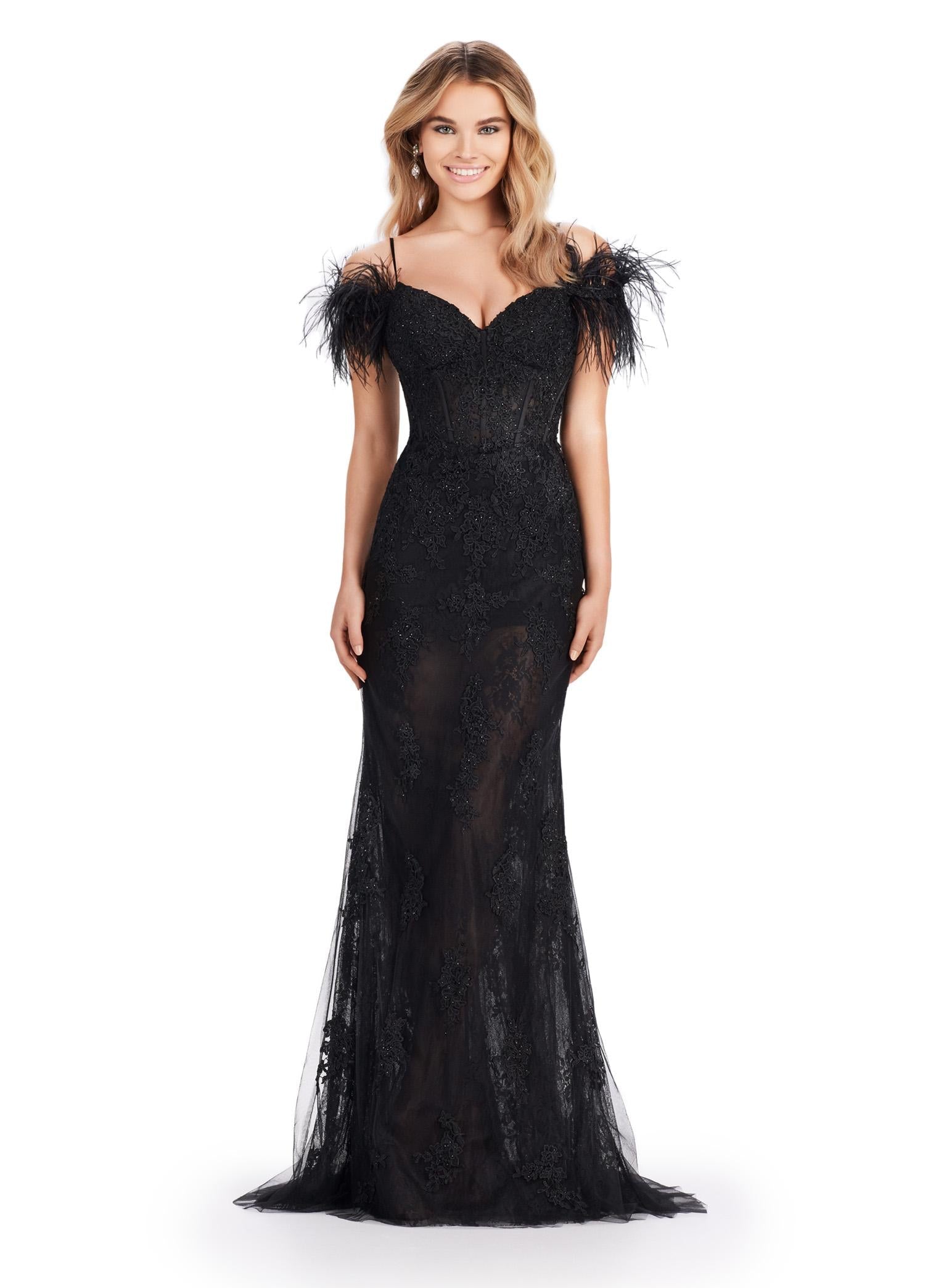Black ASHLEYlauren 11481 Fitted Scuba Gown with Structured Corset Bustier, Feathered Off Shoulder Sleeves, Elegant Front Bow, and Lace Appliqué Detailing