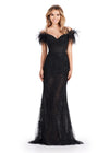Black ASHLEYlauren 11481 Fitted Scuba Gown with Structured Corset Bustier, Feathered Off Shoulder Sleeves, Elegant Front Bow, and Lace Appliqué Detailing