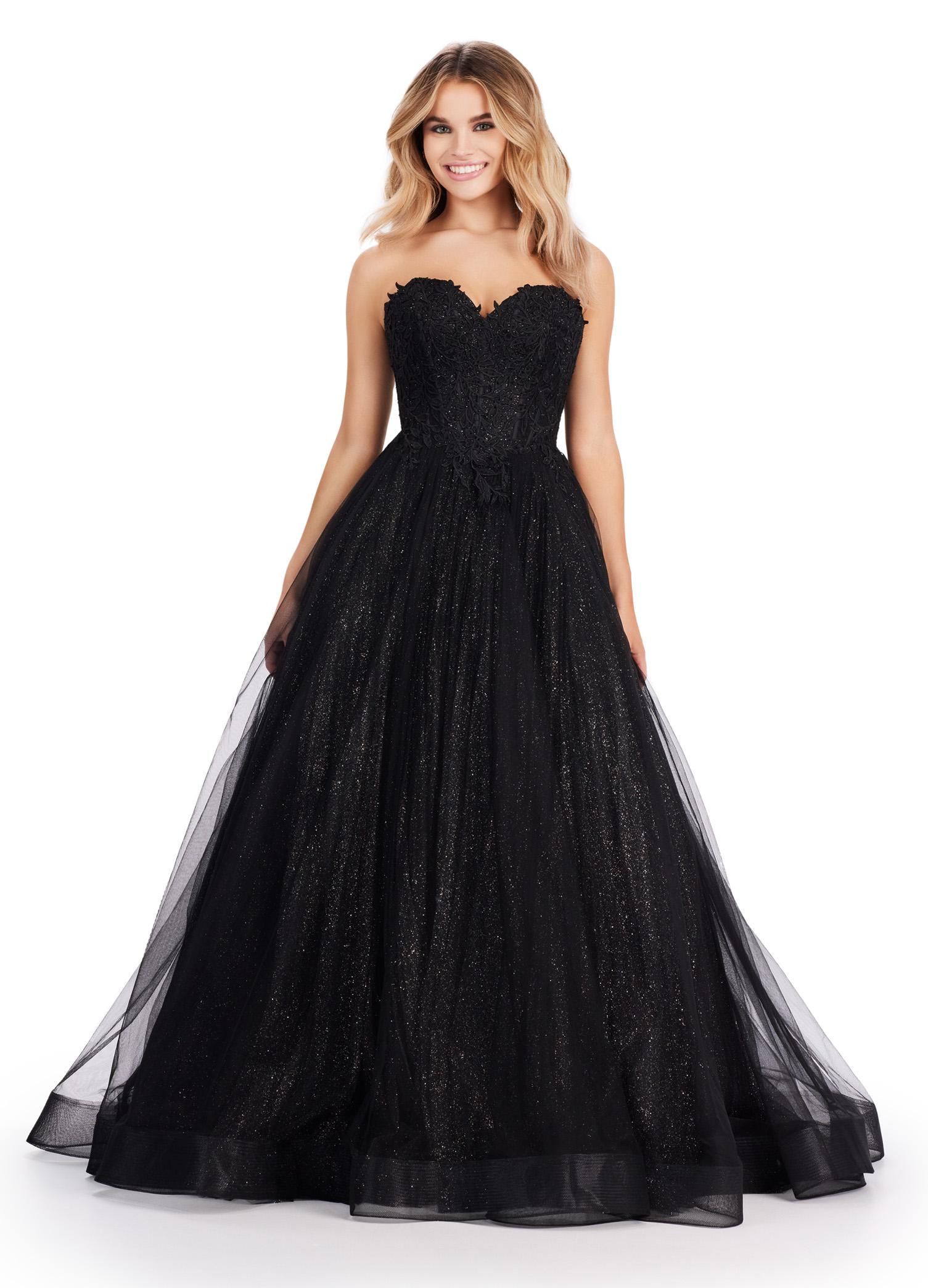 Black ASHLEYlauren 11518 Romantic A-Line Glitter Tulle Ball Gown with Sweetheart Neckline, Lace Appliqué Corset Bodice, and Lace Up Back