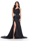 Black ASHLEYlauren 11537 one shoulder satin gown featuring a ruched bustier, beaded crystal straps and waist accents, and a draped side skirt for an elegant, glamorous finish.