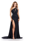 Black ASHLEYlauren 11539 One Shoulder Jersey Gown with Crystal Accents, Lace Up Back, Cut Outs, and Dramatic Side Skirt