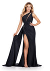 Black ASHLEYlauren 11539 One Shoulder Jersey Gown with Crystal Accents, Lace Up Back, Cut Outs, and Dramatic Side Skirt