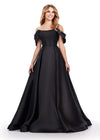 Black ASHLEYlauren 11544 elegant Mikado ball gown featuring a pleated off shoulder detail and a full ball gown skirt for a timeless and sophisticated look.