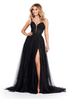 Black ASHLEYlauren 11558 Elegant A-Line Gown with Spaghetti Straps, Lace Appliqué Bodice, V-Neckline, V-Back, Cascading Appliqué Skirt, Left Leg Slit, and Sweep Train