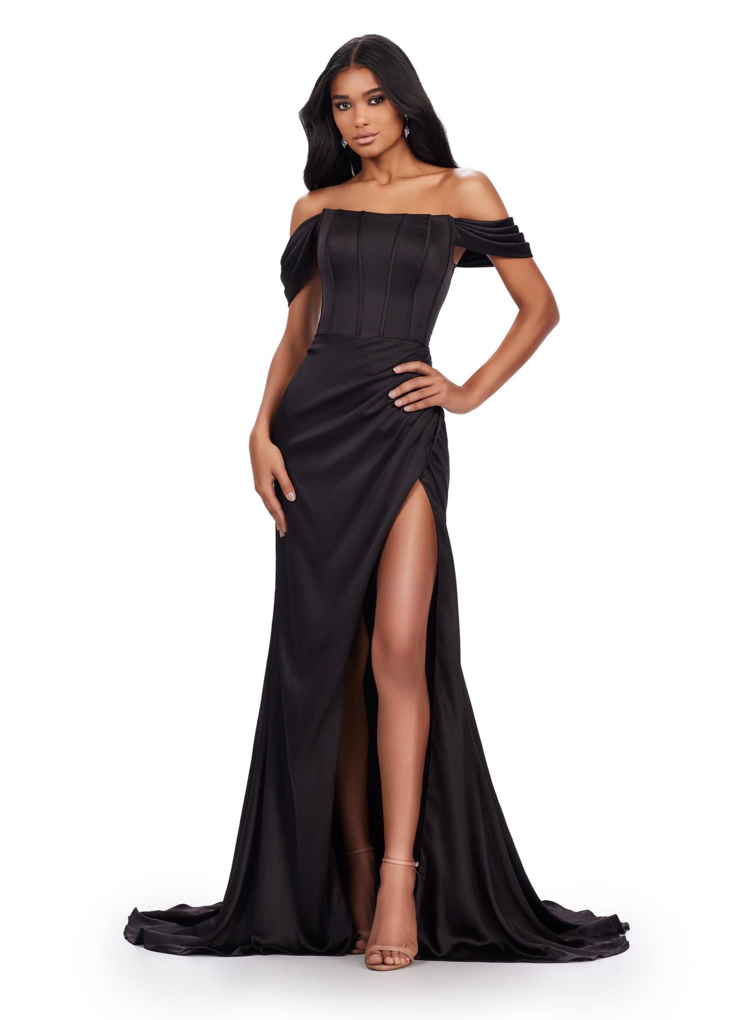 Black ASHLEYlauren 11575 Strapless Satin Gown with Corset Bustier, Ruched Hip Detail, Draped Skirt, Slit, and Sweep Train