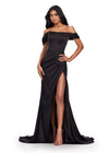 Black ASHLEYlauren 11575 Strapless Satin Gown with Corset Bustier, Ruched Hip Detail, Draped Skirt, Slit, and Sweep Train