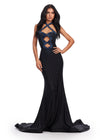 Black ASHLEYlauren 11578 Edgy Fitted Jersey Gown with Halter Neckline, Bold Cut Outs, and Glamorous Press On Stone Details