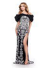 Black ASHLEYlauren 11581 Fully Beaded Off Shoulder Gown with Taffeta Ruffles, Left Leg Slit, and Dramatic Detail