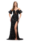 Black ASHLEYlauren 11585 Fully Beaded Strapless Gown with Intricate Lace Pattern, Sweetheart Neckline, Off Shoulder Puff Sleeves, and Left Leg Slit