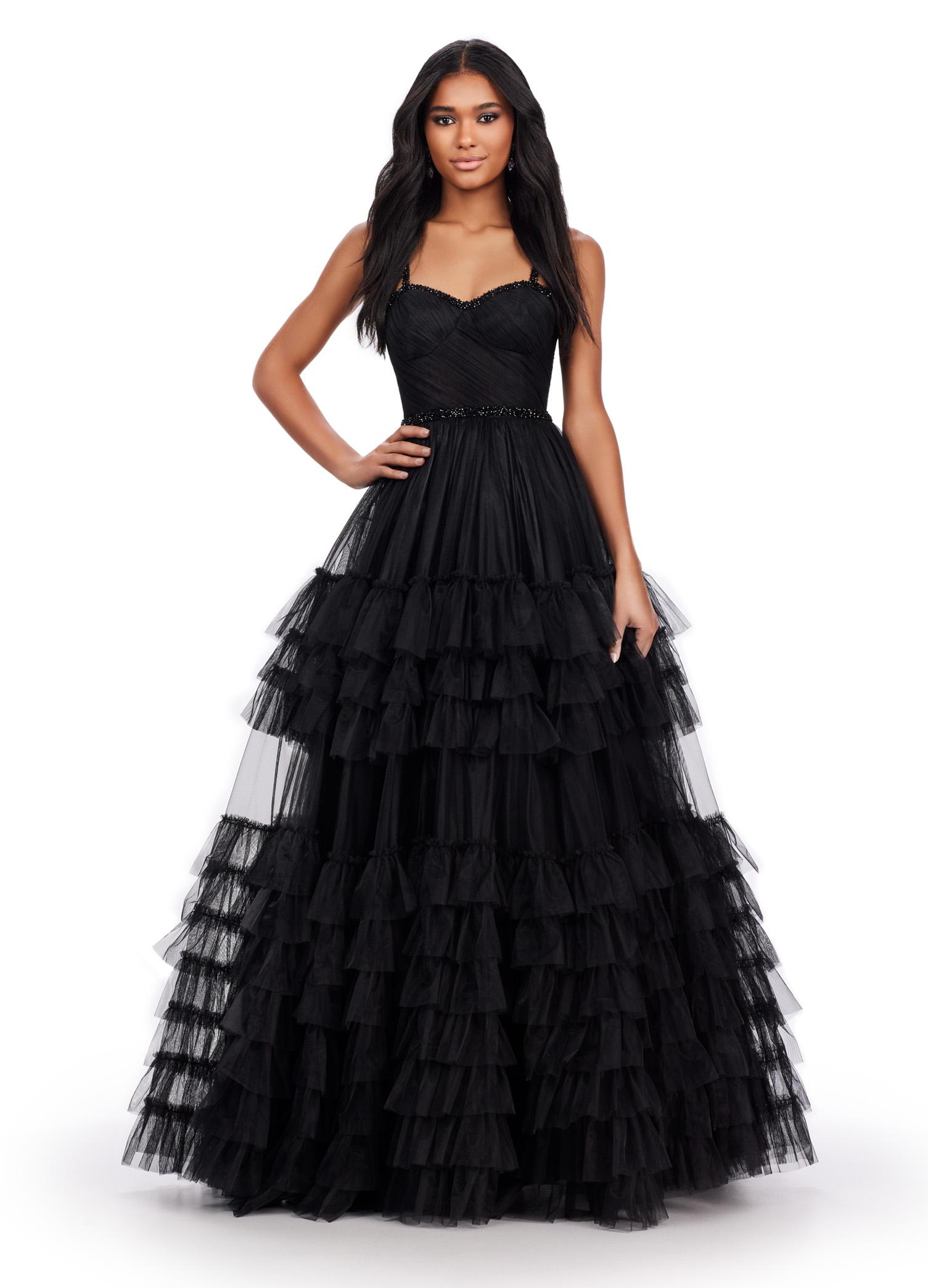 Black ASHLEYlauren 11603 Spaghetti Strap Tulle Ball Gown with Tiered Skirt, Beaded Waist and Strap Accents, and Corset Bustier