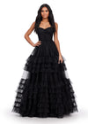 Black ASHLEYlauren 11603 Spaghetti Strap Tulle Ball Gown with Tiered Skirt, Beaded Waist and Strap Accents, and Corset Bustier