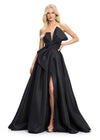 Black ASHLEYlauren 11609 Strapless Mikado Ball Gown with Illusion V-Neckline, Oversized Asymmetrical Bow, and A-Line Wrap Skirt