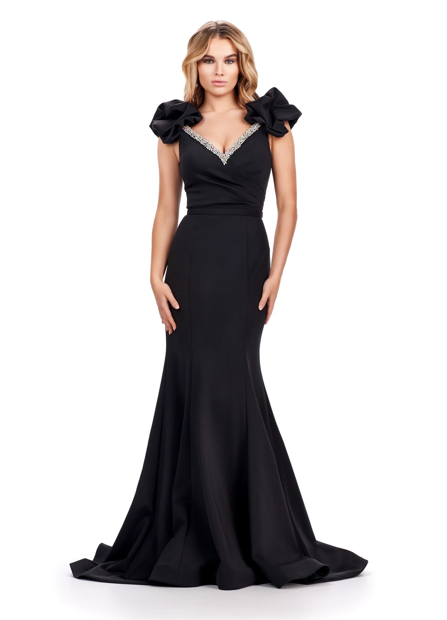 Black ASHLEYlauren 11615 Scuba Gown with Beaded Trim Sweetheart Neckline, Puff Sleeves, V-Back, and Ruched Waist Detail