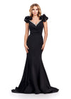 Black ASHLEYlauren 11615 Scuba Gown with Beaded Trim Sweetheart Neckline, Puff Sleeves, V-Back, and Ruched Waist Detail