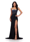 Black ASHLEYlauren 11616 Spaghetti Strap Gown with Beaded Corset Bustier, Press On Stone Embellishments, and Left Leg Slit