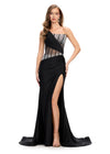 Black ASHLEYlauren 11617 Elegant One Shoulder Jersey Gown with Glamorous Beaded Corset Bustier, Ruched Hip Detail, and Left Leg Slit
