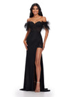 Black ASHLEYlauren 11618 Glamorous Embroidered Jersey Gown with Corset Bustier, Feathered Off Shoulder Straps, Lace Up Back, and Left Leg Slit
