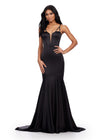 Black ASHLEYlauren 11644 Fitted Satin Gown with Corset Bustier, Illusion V-Neckline, Spaghetti Straps, and Beaded Accents