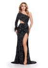 Black ASHLEYlauren 11649 One Shoulder Fully Beaded Gown with Intricate Beading, Side Cut Out, Feather Cuff Detail, Left Leg Slit, and Sweep Train