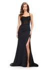 Black ASHLEYlauren 11664 fitted jersey gown featuring a fully beaded corset bustier, spaghetti straps, lace-up back, ruched waist detailing, and a left leg slit for a sleek and glamorous look.