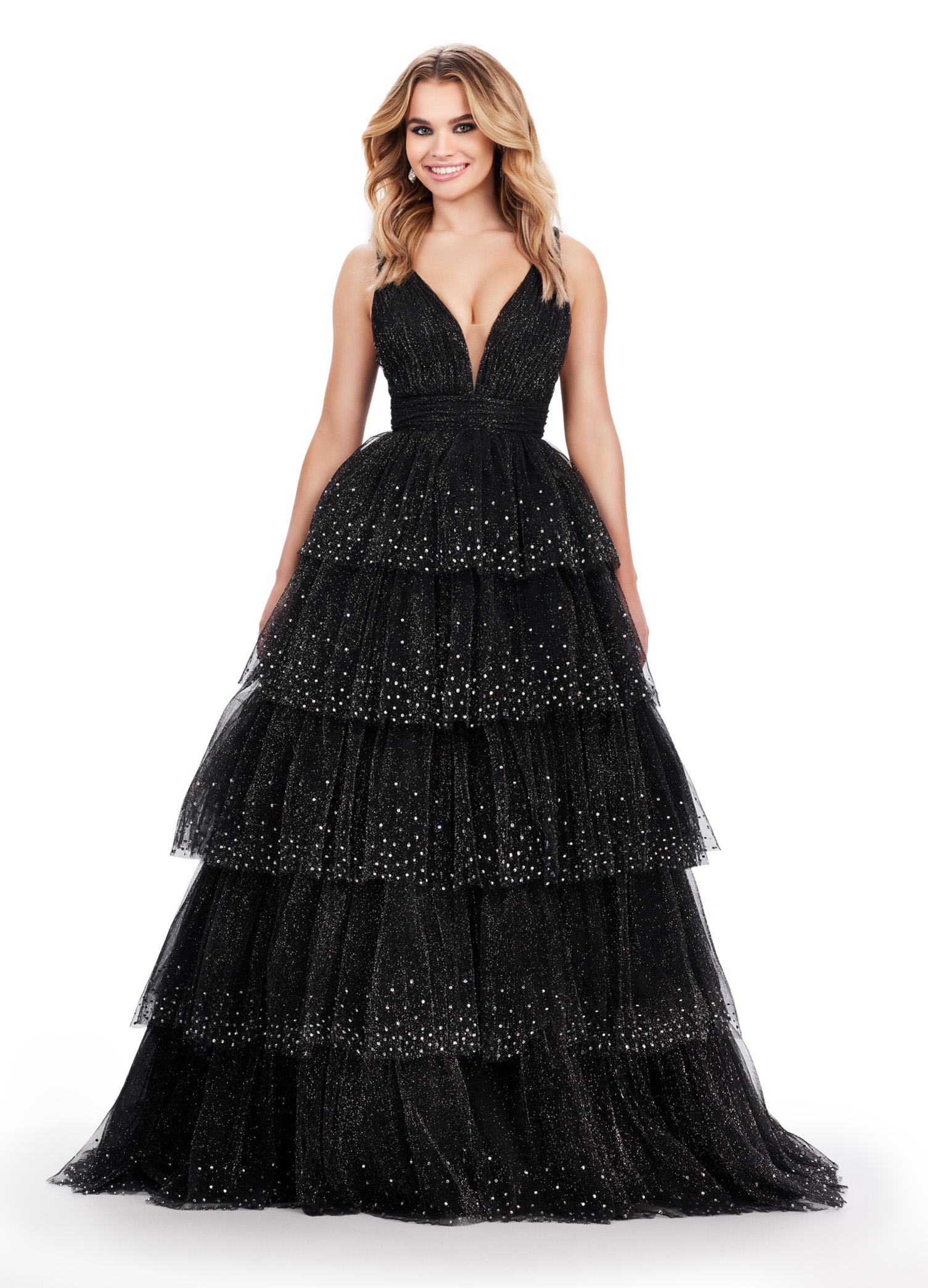 Black ASHLEYlauren 11672 Sparkling Glitter Tulle Ball Gown with V-Neckline, V-Back, Heat-Set Stones, and Voluminous Multi-Tiered Ruffle Skirt