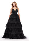 Black ASHLEYlauren 11672 Sparkling Glitter Tulle Ball Gown with V-Neckline, V-Back, Heat-Set Stones, and Voluminous Multi-Tiered Ruffle Skirt