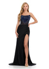 Black ASHLEYlauren 11690 Glamorous Strapless Gown with Exposed Corset Boning Encrusted in Press On Stones, Ruched Skirt, and Left Leg Slit