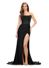 Black ASHLEYlauren 11690 Glamorous Strapless Gown with Exposed Corset Boning Encrusted in Press On Stones, Ruched Skirt, and Left Leg Slit