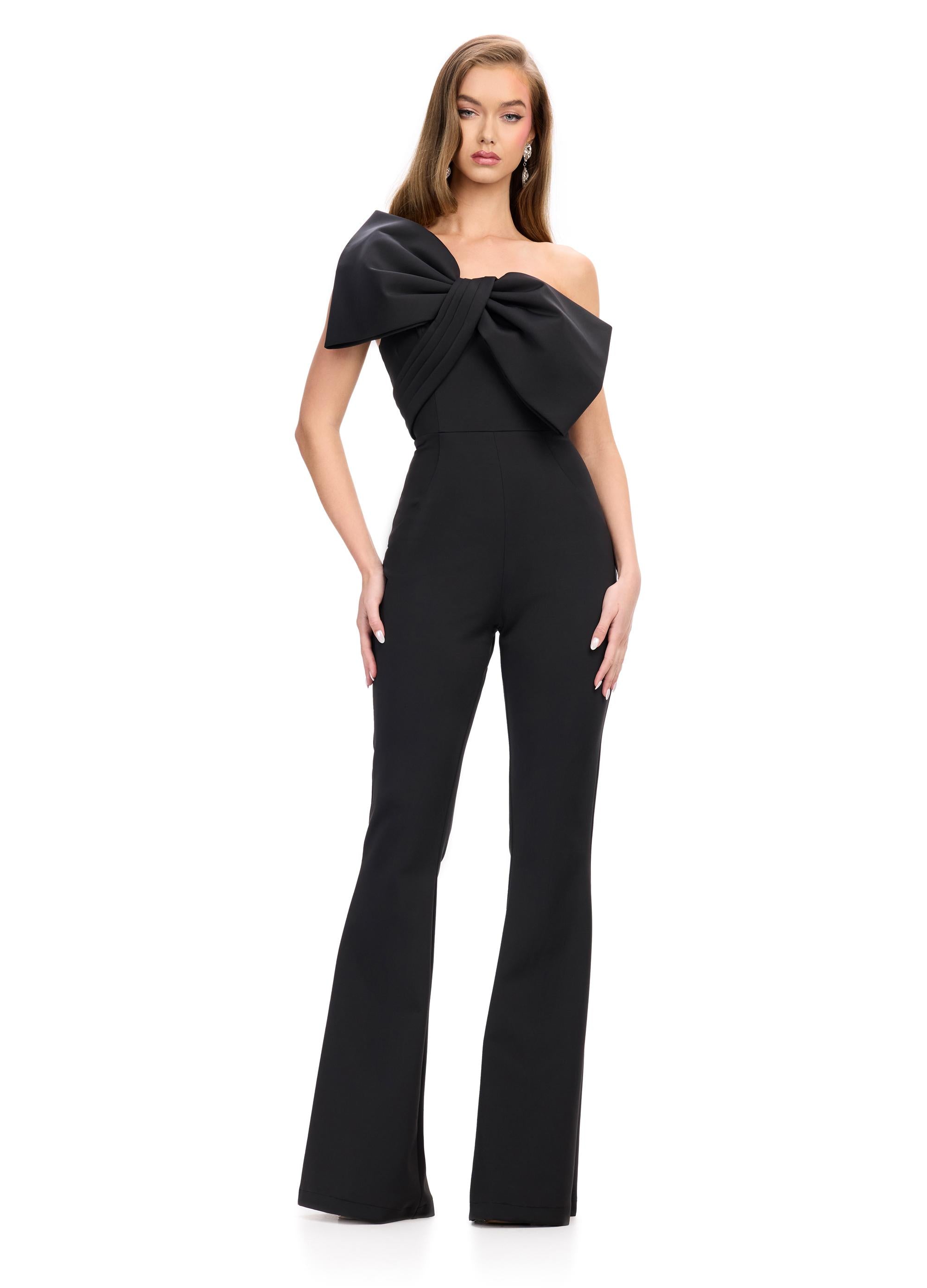 Black ASHLEYlauren 11703 Fun and Flirty One Shoulder Scuba Jumpsuit with Statement Oversized Bow Detail