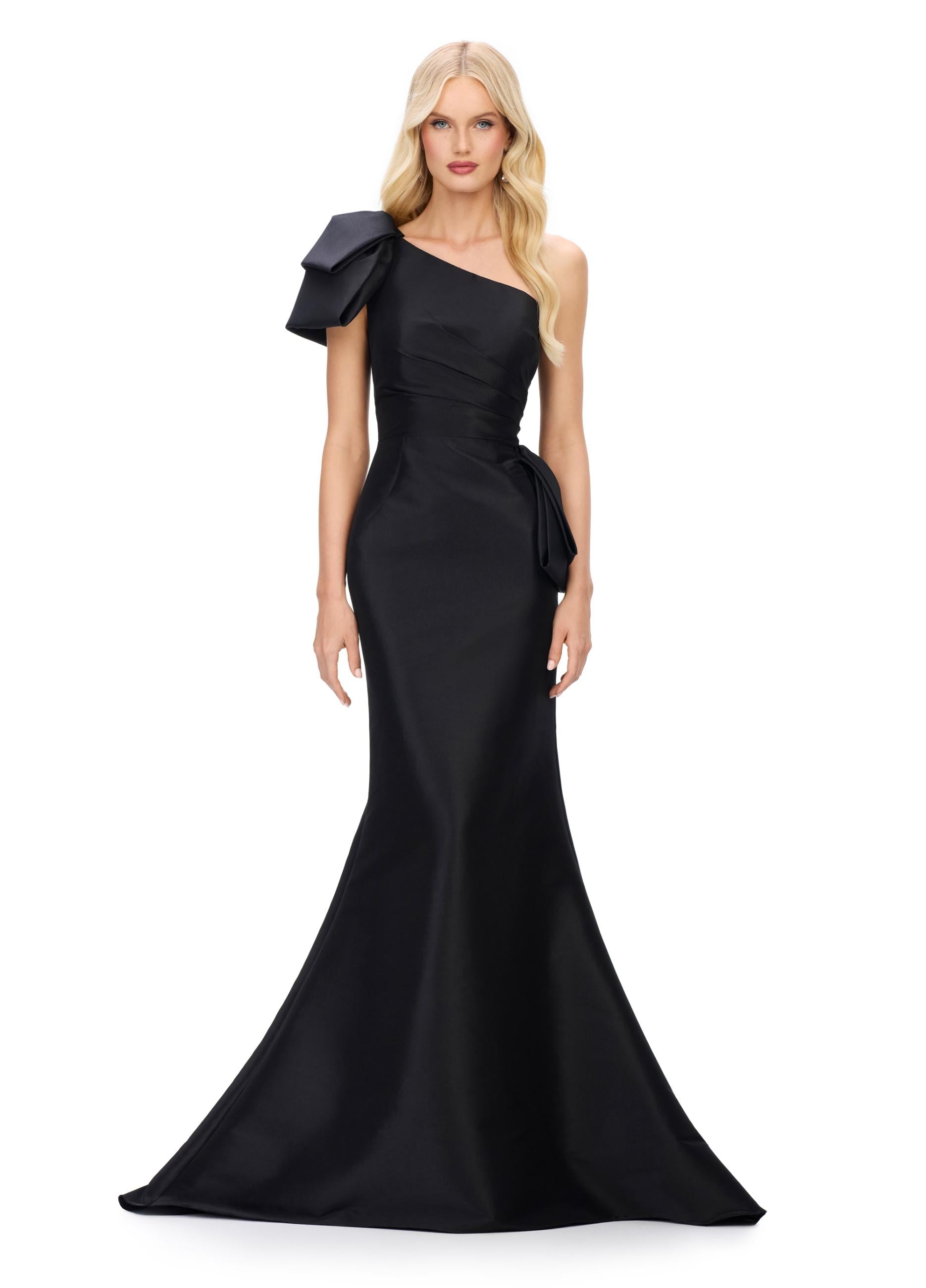 Black ASHLEYlauren 11722 Elegant One Shoulder Fitted Mermaid Gown in Taffeta with Statement Ruffles at Hip and Neckline and Ruched Bustier