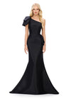 Black ASHLEYlauren 11722 Elegant One Shoulder Fitted Mermaid Gown in Taffeta with Statement Ruffles at Hip and Neckline and Ruched Bustier