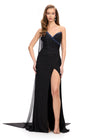 Black ASHLEYlauren 11736 glamorous one shoulder gown featuring press-on stone embellishments, a dramatic one shoulder cape, and a left leg slit for an elegant and show-stopping look.