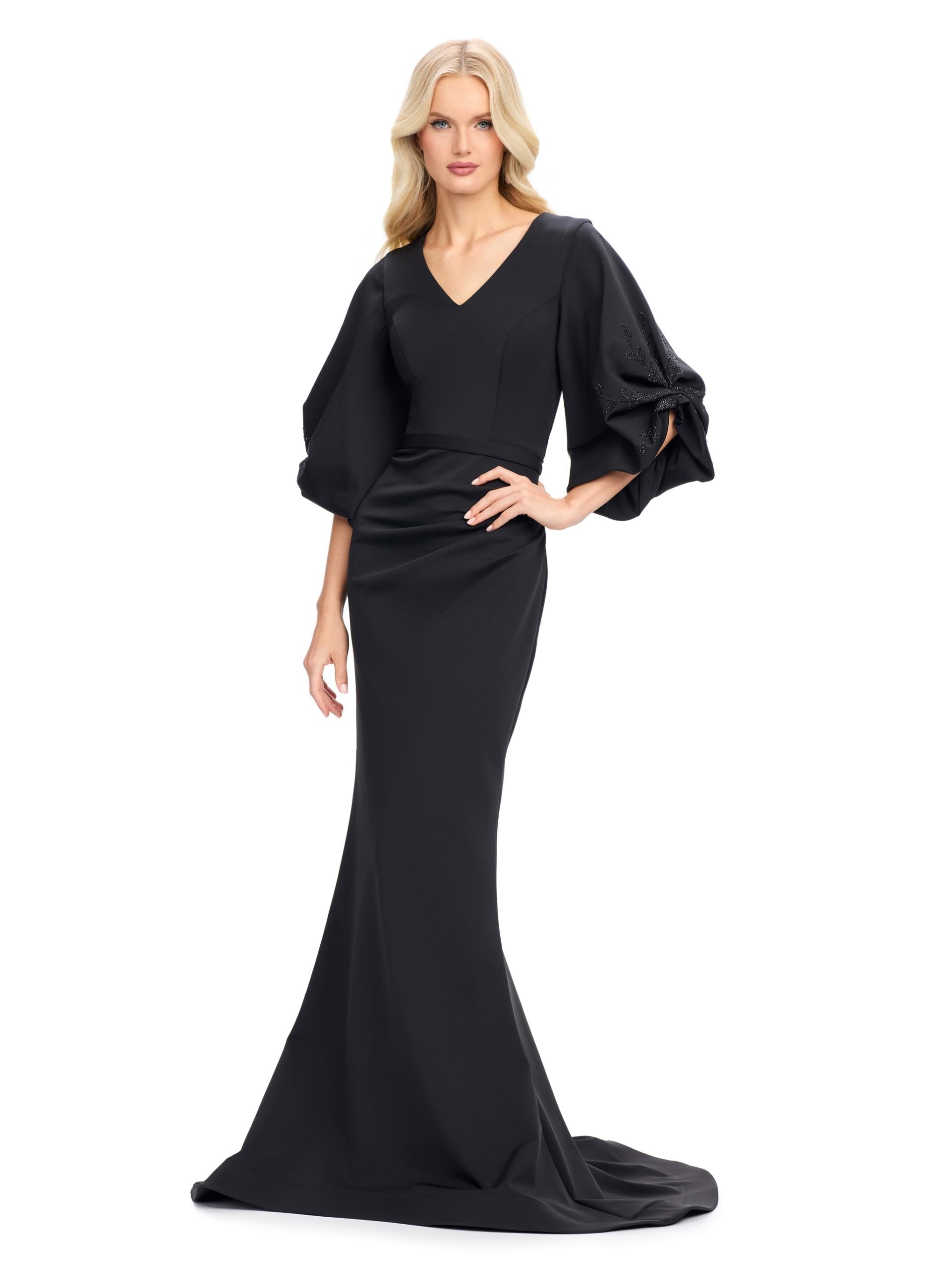 Black ASHLEYlauren 11740 Timeless Fitted Scuba Gown with Elegant V-Neckline, Embellished Balloon Sleeves, Press On Stone Accents, and Wrap Skirt Design