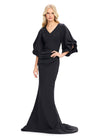 Black ASHLEYlauren 11740 Timeless Fitted Scuba Gown with Elegant V-Neckline, Embellished Balloon Sleeves, Press On Stone Accents, and Wrap Skirt Design