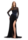 Black ASHLEYlauren 11742 glamorous evening gown featuring a mesh high neckline, ruched waistline, press-on stone embellishments, left leg slit, and a sweep train for an elegant and sophisticated look.