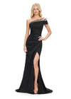 Black ASHLEYlauren 11749 Elegant One Shoulder Satin Gown with Beaded Strap Detail, Flattering Ruched Bodice, Left Leg Slit, Wrap Skirt, and Sweep Train