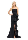 Black ASHLEYlauren 11751 Strapless Taffeta Gown with Elegant Ruched Bodice, Dramatic Cascading Ruffle Detail, and Left Leg Slit