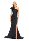 Black ASHLEYlauren 11759 elegant satin gown featuring a one shoulder neckline, dramatic oversized bow detail, and a left leg slit for a timeless silhouette.