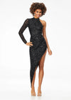 Black ASHLEYlauren 1975 stylish beaded dress featuring a high neckline, one sleeve, and an asymmetrical hemline for a bold and head-turning look.