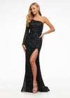 Black ASHLEYlauren 1977 fitted hand-beaded dress featuring a one shoulder long sleeve, left leg slit, and a horsehair hem for an elegant and sophisticated look.
