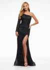 Black ASHLEYlauren 1977 fitted hand-beaded dress featuring a one shoulder long sleeve, left leg slit, and a horsehair hem for an elegant and sophisticated look.